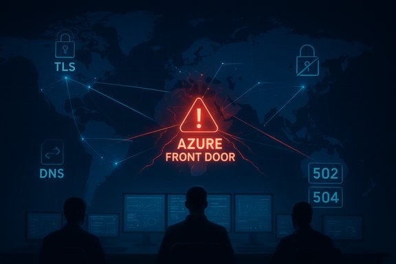 Global cyber-attack alert on Azure Front Door with monitoring team watching.