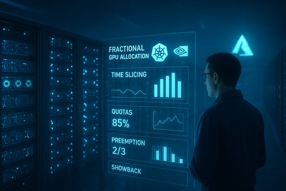 A technician analyzes a holographic dashboard detailing fractional GPU allocation in a data center.