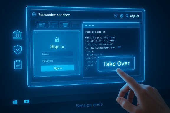 A neon blue holographic UI with a Sign In panel and a “Take Over” button being tapped.