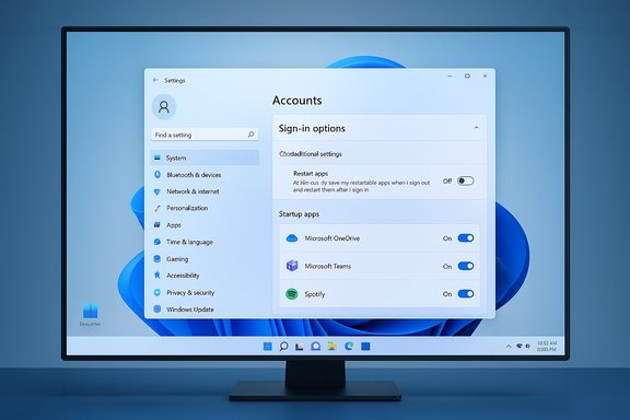 Monitor displaying Windows Settings: Accounts with startup apps (OneDrive, Teams, Spotify). Monitor displaying Windows Settings: Accounts with startup apps (OneDrive, Teams, Spotify).