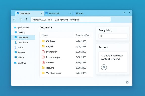 Blue Windows-like file explorer showing Documents with folders and a right-side panel.