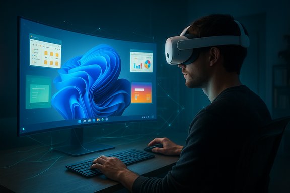 Person wearing a VR headset at a desk, viewing blue holographic visuals on a curved monitor.