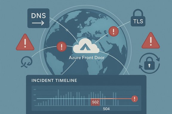 Azure Front Door network security dashboard showing DNS/TLS elements and incident timeline.