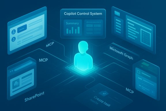 A glowing central avatar connects to holographic Copilot Control System panels and Microsoft apps.