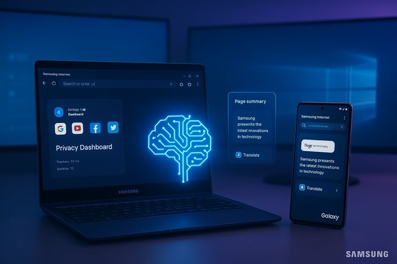 Samsung laptop and Galaxy phone showcase a neon-blue AI-powered privacy dashboard.