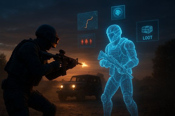 A soldier fires at a glowing blue holographic armored figure amid floating HUD icons.