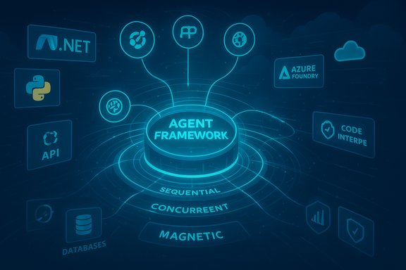 Neon blue diagram of an Agent Framework hub linking APIs, Python, .NET, databases and cloud services.