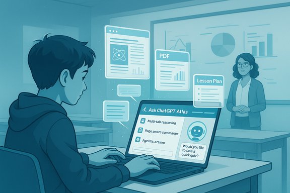 Student uses an AI assistant on a laptop in a classroom while a teacher presents.