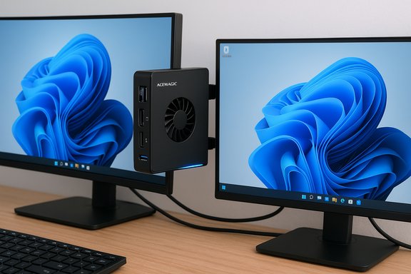 A compact ACEMAGIC PC is mounted between two widescreen monitors on a desk.