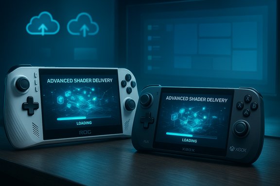 Two handheld gaming consoles glow blue, displaying an 'Advanced Shader Delivery' loading screen.