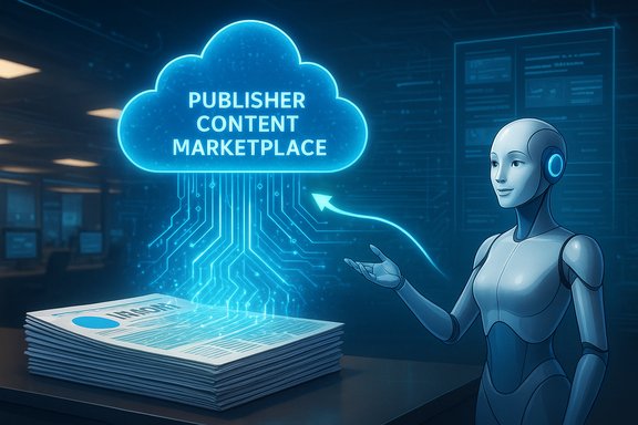 A robot explains a cloud-based publisher content marketplace above a stack of papers. A robot explains a cloud-based publisher content marketplace above a stack of papers.