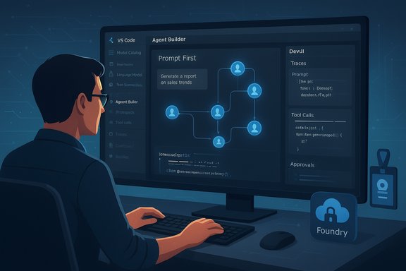 A programmer designs an AI agent workflow on a monitor displaying a flowchart.