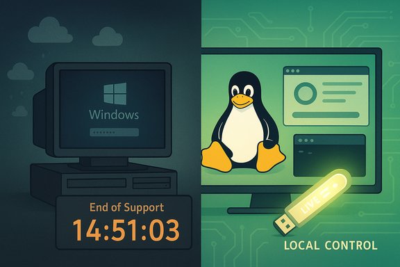 Split screen: Windows end-of-support countdown on the left and Linux live USB local control on the right. Split screen: Windows end-of-support countdown on the left and Linux live USB local control on the right.