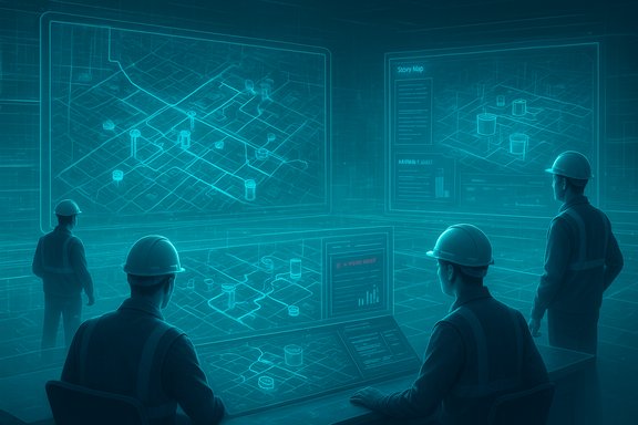 Engineers review a digital city map on large screens in a control room. Engineers review a digital city map on large screens in a control room.