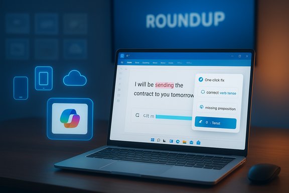A laptop shows a document with editing suggestions while glowing app icons hover over a ROUNDUP backdrop.