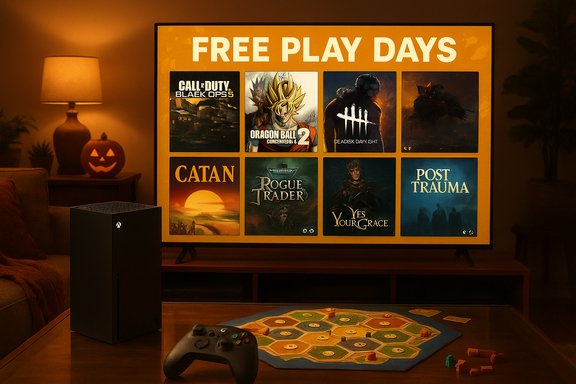 Cozy living room with an Xbox on the table and a large Free Play Days display.