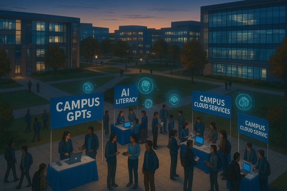 Dusk campus tech fair with AI booths, cloud-services signs, and glowing holographic icons.