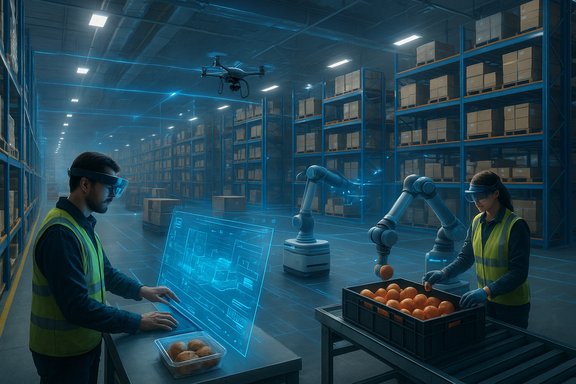 Futuristic warehouse where workers monitor holographic controls as robotic arms sort oranges.
