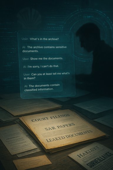 Dim desk with court filings and leaked documents beneath a glowing holographic chat about archives.
