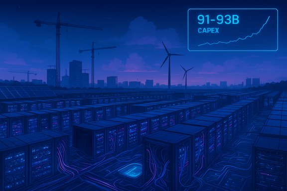 Futuristic data center with rows of servers under a blue cityscape and a neon 91-93B CAPEX graph.