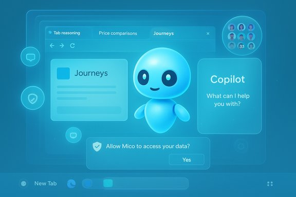 A friendly blue AI assistant floats in a futuristic browser UI with Journeys and Copilot.