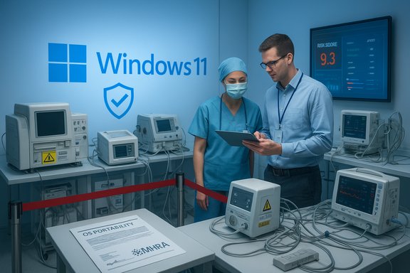Two healthcare professionals review patient data in a Windows 11-equipped medical lab.