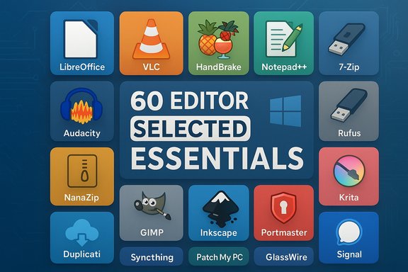 A grid of program icons surrounding a bold central banner: “60 Editor Selected Essentials”. A grid of program icons surrounding a bold central banner: “60 Editor Selected Essentials”.