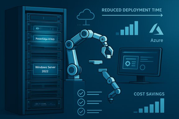 Robotic arm beside a Dell PowerEdge server rack, showcasing Windows Server 2022, Azure cloud, and cost savings.