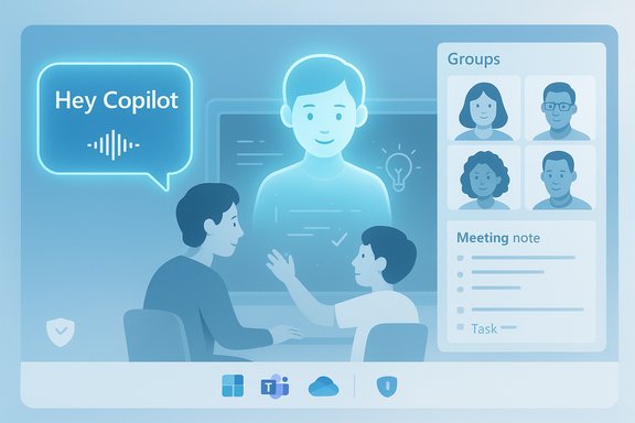 Blue, futuristic virtual meeting with a glowing instructor, copilot chat bubble, and group avatars.