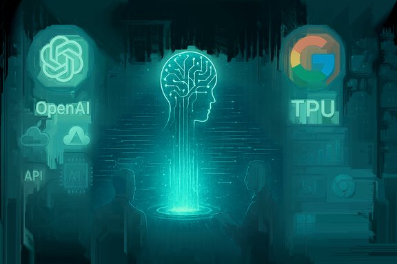 Two people study a glowing neural-brain hologram, surrounded by OpenAI and Google TPU logos.