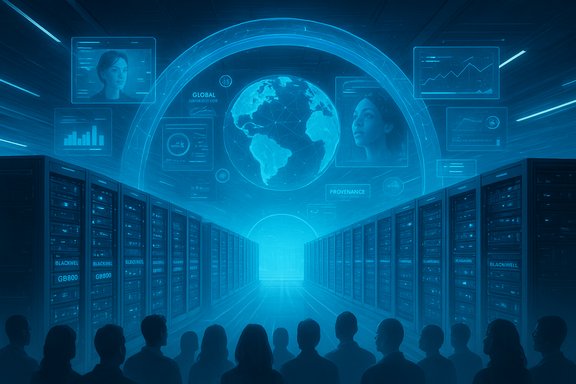 A blue-tinted futuristic data center features a holographic Earth and screens above rows of servers.