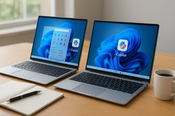 Two laptops on a wooden desk display Copilot, with a notebook and coffee nearby.