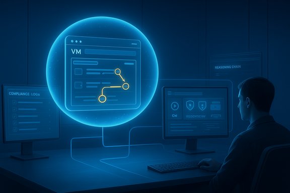 A technician monitors a holographic VM workflow on blue security dashboards.