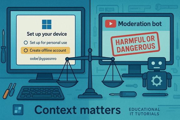 Left screen shows device setup options; right screen shows a moderation bot warning “Harmful or Dangerous.” Left screen shows device setup options; right screen shows a moderation bot warning “Harmful or Dangerous.”