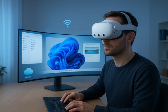 Man wearing a VR headset at a curved monitor in a modern workspace.