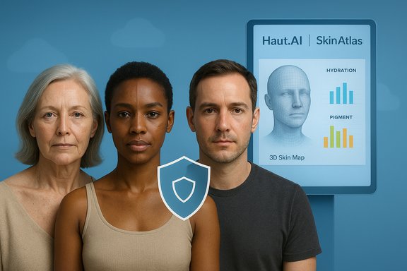 Three diverse adults pose beside a SkinAtlas 3D skin map, with a shield icon on the central person’s chest. Three diverse adults pose beside a SkinAtlas 3D skin map, with a shield icon on the central person’s chest.