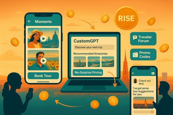 AI-powered travel planning with CustomGPT across phones and laptop, showing tours, pricing, and promo codes.