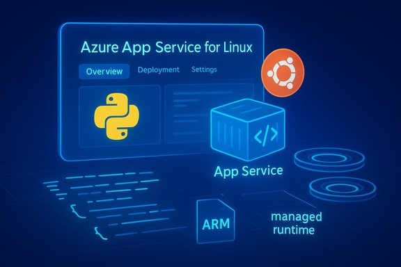 Azure App Service for Linux dashboard showing Python, Ubuntu icon, code cube and ARM runtime. Azure App Service for Linux dashboard showing Python, Ubuntu icon, code cube and ARM runtime.