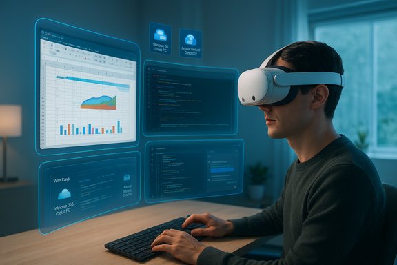 Person wearing a VR headset views holographic screens displaying charts and code.
