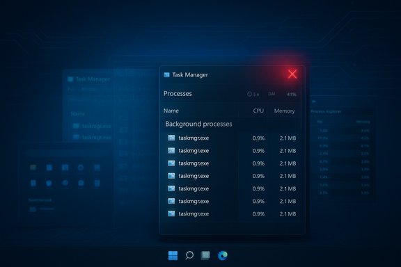 Futuristic Windows Task Manager displaying background processes on a blue interface.