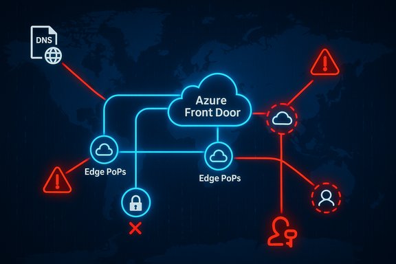Neon diagram showing Azure Front Door with Edge PoPs, DNS, and security alerts.