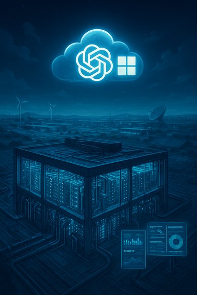 A blue-tinted futuristic data center beneath a glowing cloud logo and Windows icon.