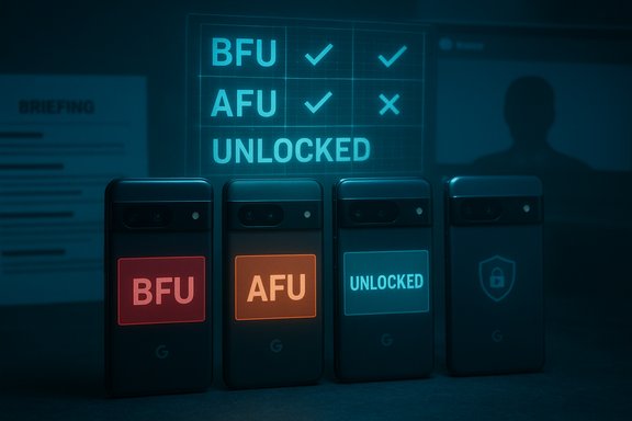Four smartphones display BFU, AFU, and UNLOCKED statuses during a tech briefing. Four smartphones display BFU, AFU, and UNLOCKED statuses during a tech briefing.