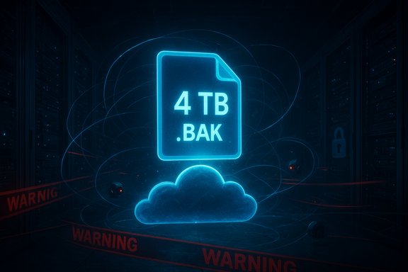 A neon 4 TB .bak file icon hovers above a blue cloud in a dark data center.