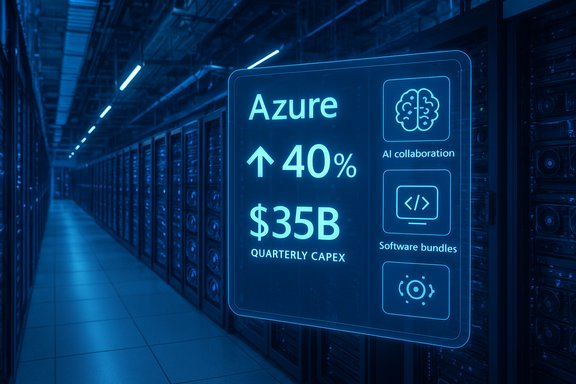 A neon-blue Azure display in a data center shows 40% growth and $35B quarterly capex.