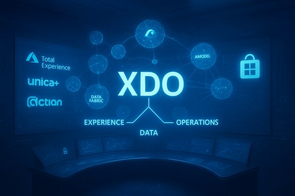 Blue neon dashboard centered on 'XDO' linking data, experience, and operations with network nodes.