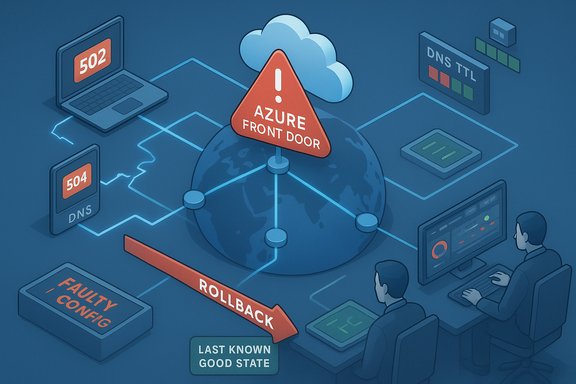 Azure Front Door outage warning with DNS errors and rollback to last known good state.