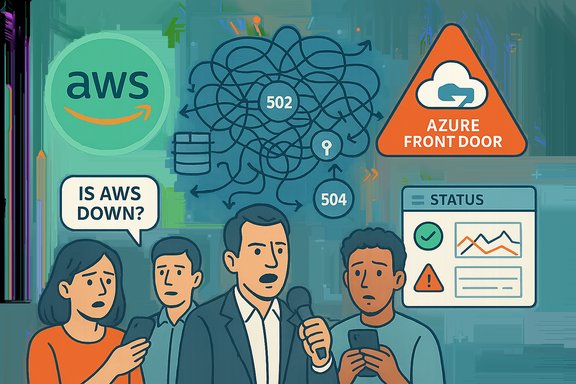 Is AWS down? People react to a cloud outage with AWS logo, Azure Front Door warning, and 502/504 errors.