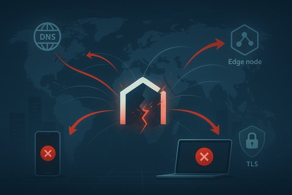 Global network disruption centered on a broken node, severing DNS, edge nodes, and TLS-protected devices.