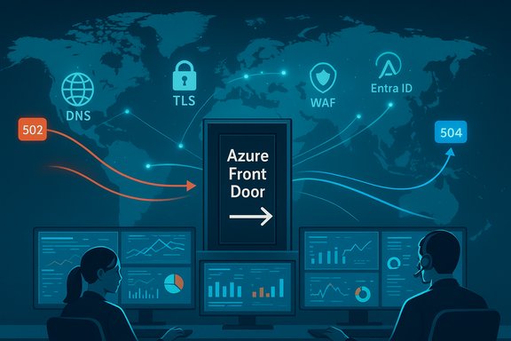 Azure Front Door manages global web traffic with TLS, DNS, WAF, and Entra ID.